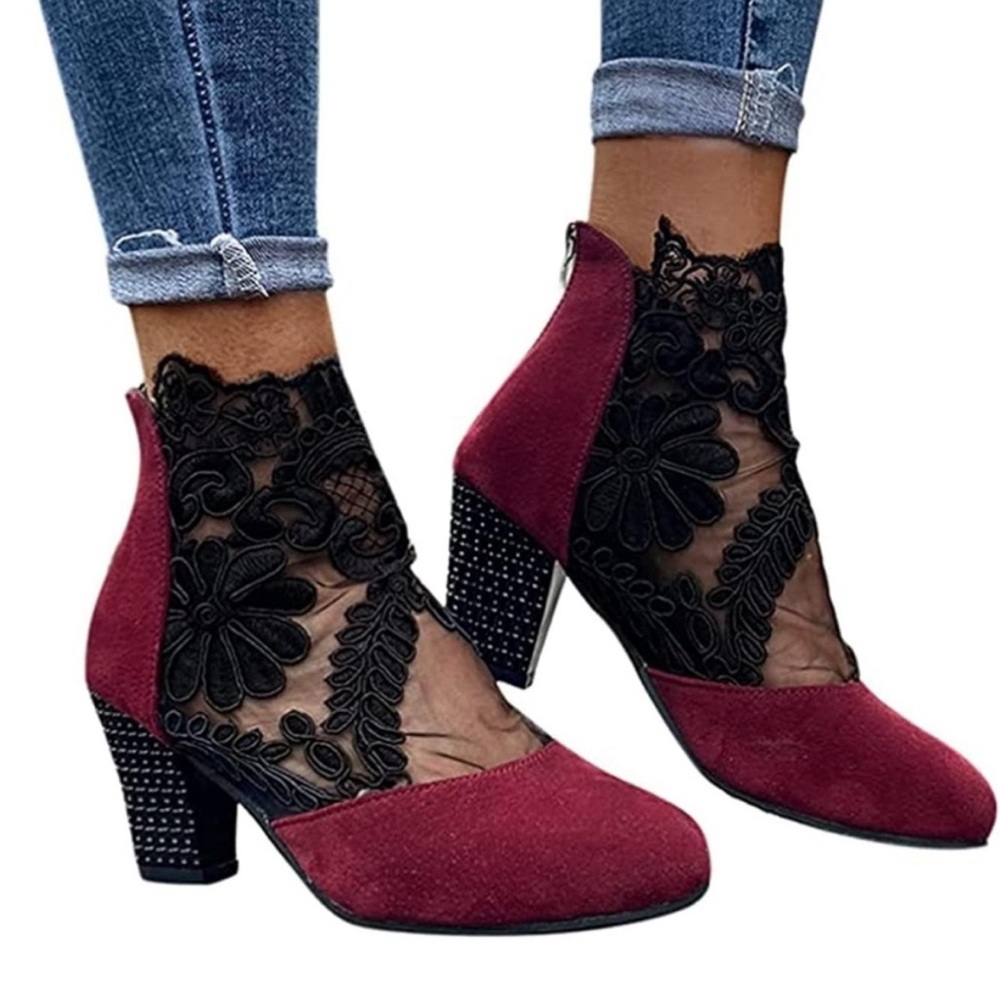 Womens Zip Mesh Hollow Out Faux Suede Block Heels Round Toe Ankle Boots